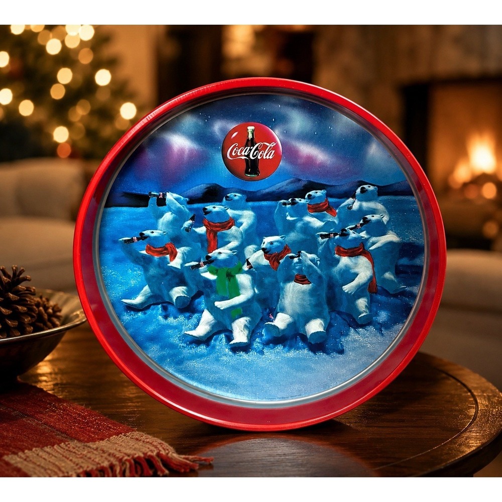 Coca Cola Round Metal‎ Tray White Polar Bears Watching the Northern Lights 1993